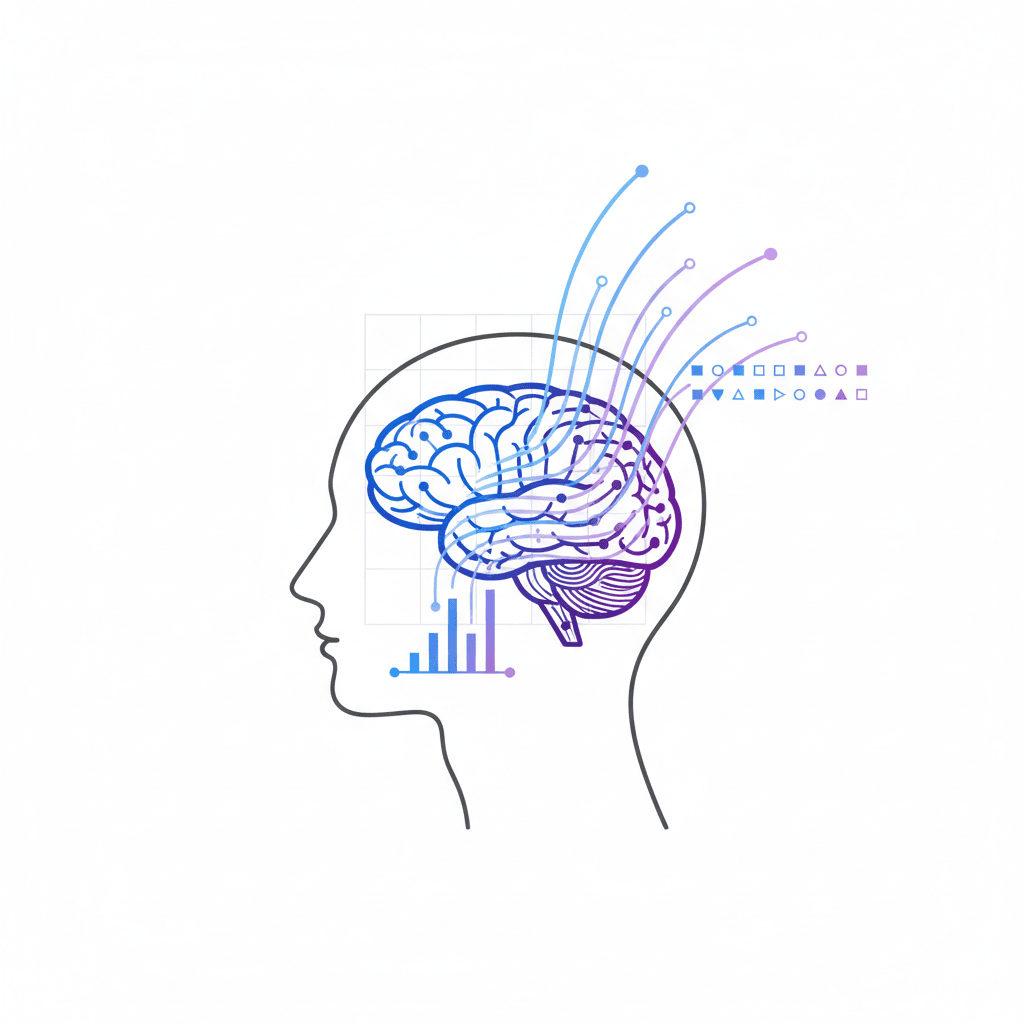 lustrație vectorială minimalistă a unui cap uman din profilprezentate căi neuronale strălucitoare și unde cerebrale abstracte