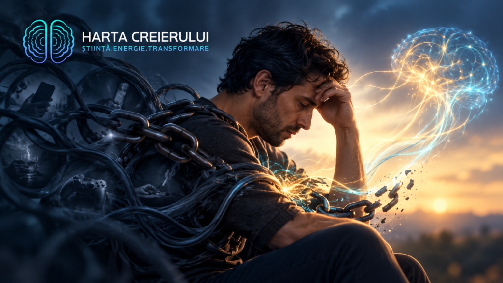 Dependențele – bărbat care rupe lanțurile dependenței, activitate cerebrală, Harta Creierului