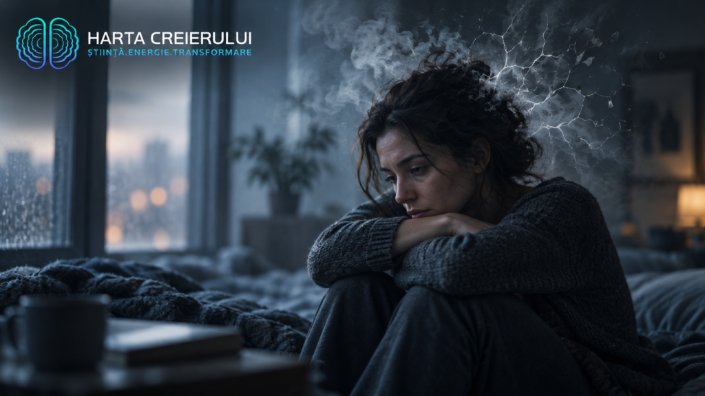 Depresia – femeie retrasă într-o zi ploioasă, activitate cerebrală, Harta Creierului