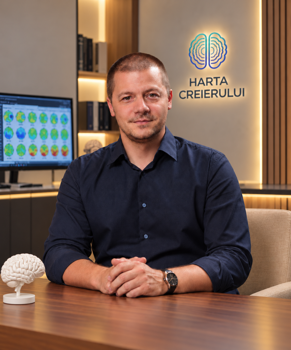 Dr. Alexandru Vlădășcău, fondatorul Harta Creierului, în cabinetul de Brain Mapping (qEEG) din București